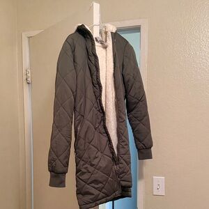Warm Quilted hunter green Long Coat with soft cream Lining